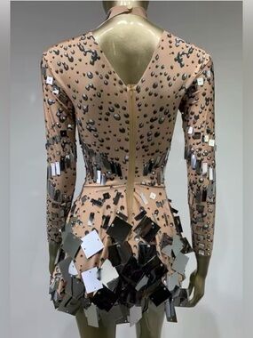 Festival Season! Nude Silver Mirrored Sequin Long-Sleeve Bodycon Mini Dress